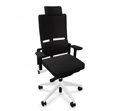 Schwarzer Please Bürostuhl von Steelcase mit Kopfstütze und weißem Fußkreuz. Ergonomischer Arbeitsstuhl.